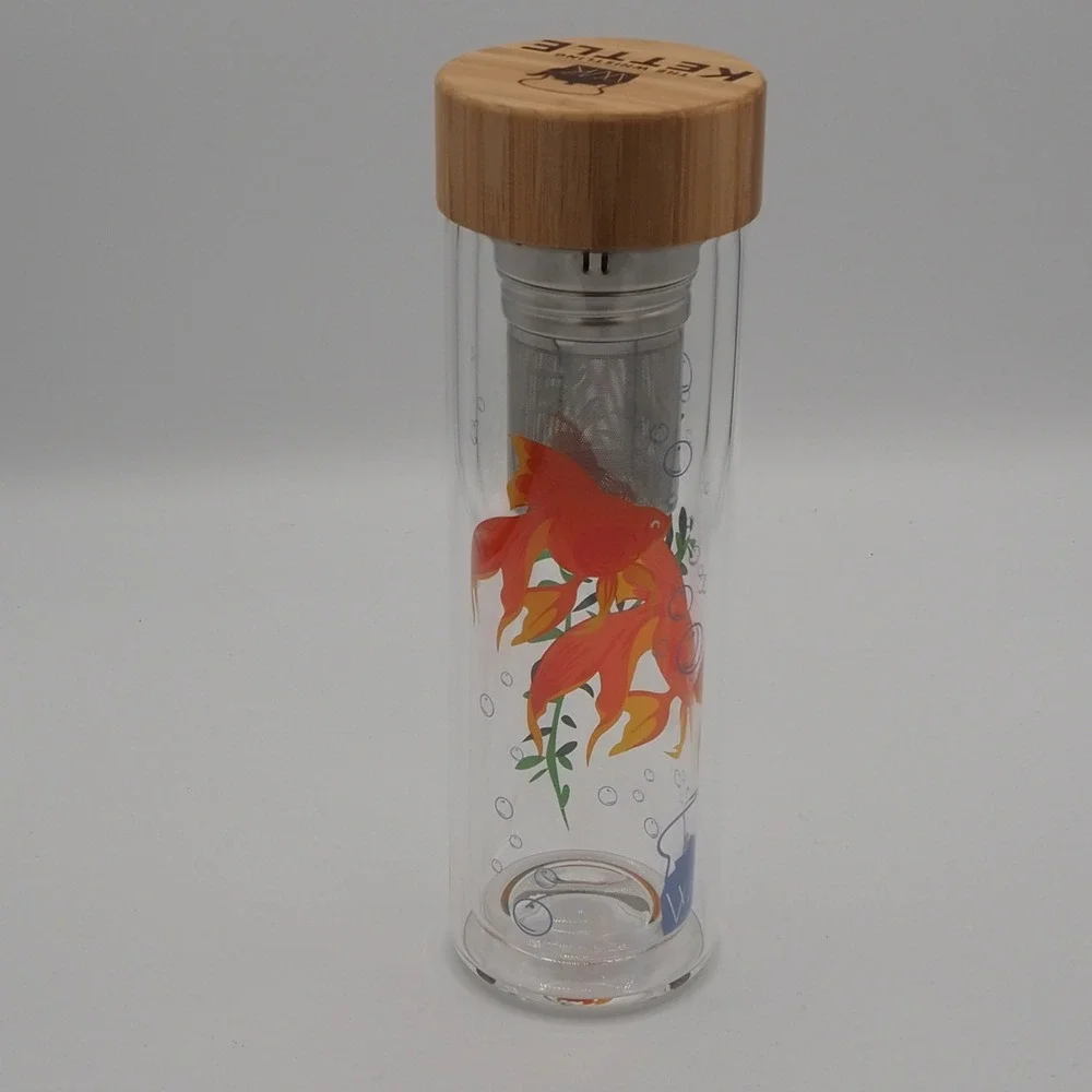 Whistling Kettle Tea Tumbler 16oz Double Wall Glass Tea Tumbler Infuser Koi Fish